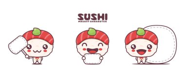 Vektör nigiri sushi, Japon geleneksel yemeği, beyaz arka planda izole edilmiş boş pankartı var..