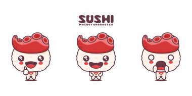 Ahtapot dokunaçlı vektör nigiri suşi, Japon geleneksel yemekleri, farklı ifadelerle, beyaz arka planda izole edilmiş..