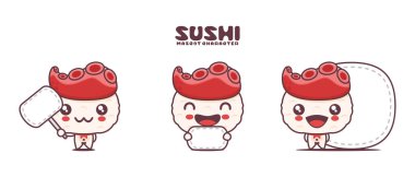 Ahtapot dokunaçlı vektör nigiri suşi, Japon geleneksel yemekleri, boş pankartlı, beyaz arka planda izole edilmiş..