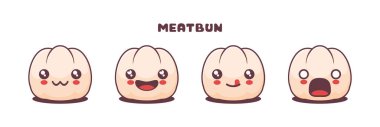 Farklı yüz ifadeleri olan şirin Meatbun çizgi film vektörü. Simgeler, logolar, baskılar, çıkartmalar vs. için uygun.