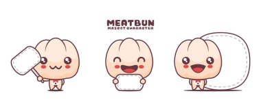 Beyaz arkaplanda izole edilmiş, boş pankartı olan şirin Meatbun çizgi film vektörü.