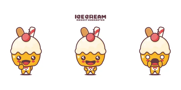 Vector Ice Cream Cartoon Mascot Different Expressions Isolated White Background — Vetor de Stock