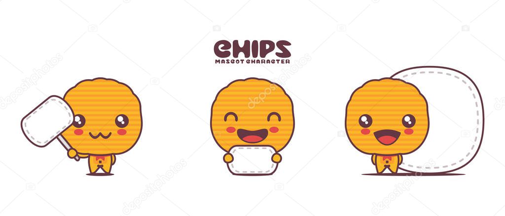 vector chips cartoon illustration, with blank board banner, isolated on a white background.