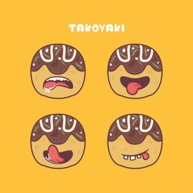 Takoyaki karikatür vektörü. Japon yemek karikatürü çizimi. farklı yüz ifadeleriyle.