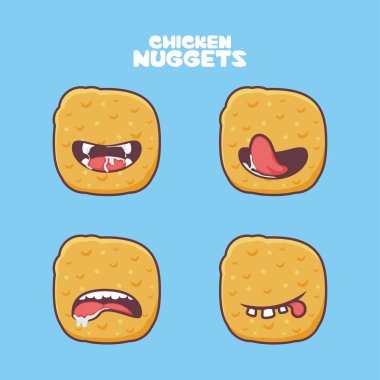 Tavuk nugget çizgi filmi. Yemek vektör çizimi. farklı yüz ifadeleriyle. Sevimli çizgi film