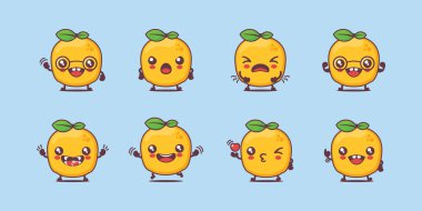 Mango meyve çizgi filmi. meyve vektör illüstrasyonu. Yüzleri ve ifadeleri farklı. Sevimli çizgi film