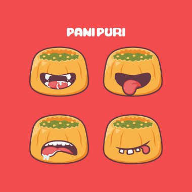 Panipuri çizgi filmi. Geleneksel Hint yemeklerinin vektör çizimi. farklı yüz ifadeleriyle. Sevimli çizgi film