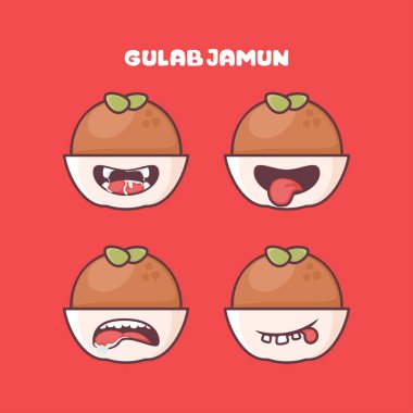 Gulab Jamun çizgi filmi. Geleneksel Hint yemeklerinin vektör çizimi. farklı yüz ifadeleriyle. Sevimli çizgi film