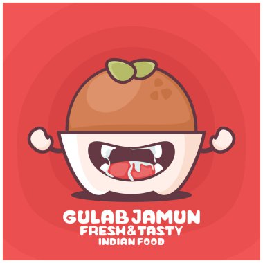 Gulab Jamun çizgi filmi. Geleneksel Hint yemeklerinin vektör çizimi. Komik bir ağızla.