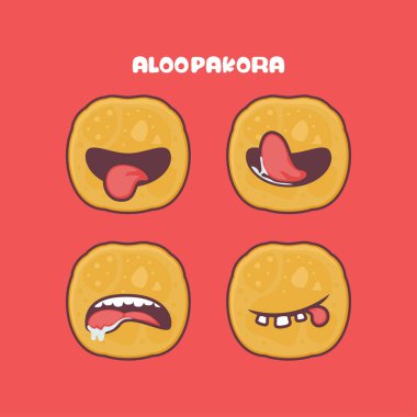 Aloo Pakora çizgi filmi. Geleneksel Hint yemeklerinin vektör çizimi. farklı yüz ifadeleriyle. Sevimli çizgi film