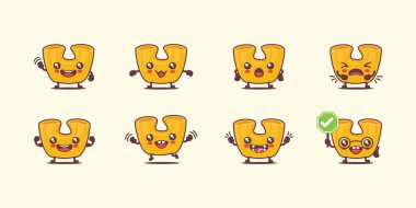 Makarna çizgi filmi. İtalyan makarna vektör çizimi. Yüzleri ve ifadeleri farklı. Sevimli çizgi film