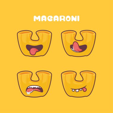 Makarna çizgi filmi. İtalyan makarna vektör çizimi. farklı yüz ifadeleriyle. Sevimli çizgi film