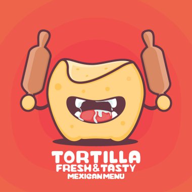 Tortilla çizgi filmi. Meksika yemek vektör illüstrasyonu. Komik bir ağızla.