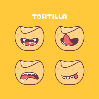 Tortilla çizgi filmi. Meksika yemek vektör illüstrasyonu. Farklı ağız ifadeleriyle. Sevimli çizgi film
