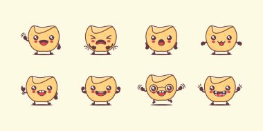 Tortilla çizgi filmi. Meksika yemek vektör illüstrasyonu. Yüzleri ve ifadeleri farklı. Sevimli çizgi film