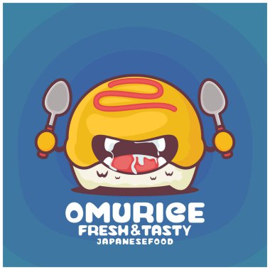 Omurice çizgi filmi. Japon yemeklerinin vektör çizimi. Komik bir ağızla.