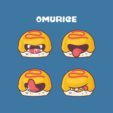Omurice çizgi filmi. Japon yemeklerinin vektör çizimi. Farklı ağız ifadeleriyle. Sevimli çizgi film