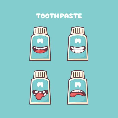 Diş macunu çizgi filmi. Temizlik, koruma ve sterilize etme vektör çizimi. Farklı ağız ifadeleriyle. Sevimli çizgi film
