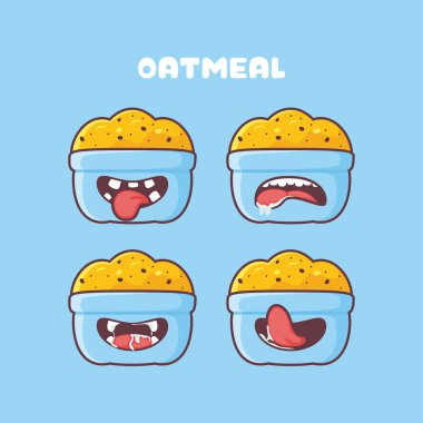 Yulaf ezmesi çizgi filmi. Sağlıklı besin vektörü çizimi. Farklı ağız ifadeleriyle. Sevimli çizgi film