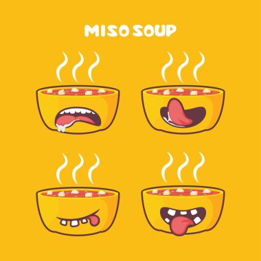Miso çorbası çizgi filmi. Japon mutfağı vektör çizimi. Farklı ağız ifadeleriyle. Sevimli çizgi film