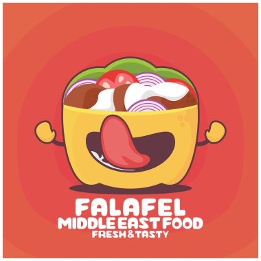 Falafel çizgi filmi. Orta Doğu sandviç vektör illüstrasyonu. Komik bir ağızla.