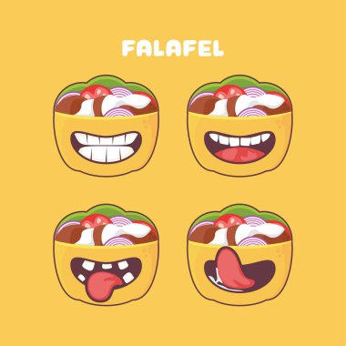 Falafel çizgi filmi. Orta Doğu sandviç vektör illüstrasyonu. Farklı ağız ifadeleriyle. Sevimli çizgi film