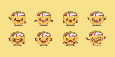 Falafel çizgi filmi. Orta Doğu sandviç vektör illüstrasyonu. Yüzleri ve ifadeleri farklı. Sevimli çizgi film