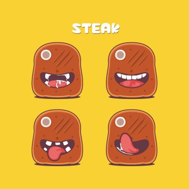 Biftek karikatürü. Fast food vektör çizimi. Farklı ağız ifadeleriyle. Sevimli çizgi film