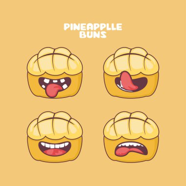 Ananaslı çörekler çizgi filmi. Hong Kong ekmeğinin vektör çizimi. Farklı ağız ifadeleriyle. Sevimli çizgi film