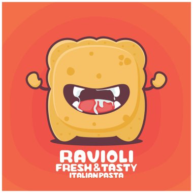 Ravioli çizgi filmi. İtalyan makarnasının vektör çizimi. Komik bir ağızla.