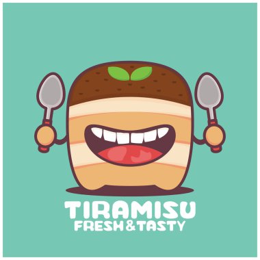 Tiramisu çizgi filmi. İtalyan pastasının vektör çizimi. Komik bir ağızla.