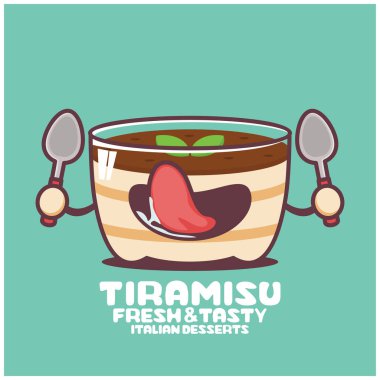 Tiramisu çizgi filmi. İtalyan tatlısının vektör çizimi. Komik bir ağızla.