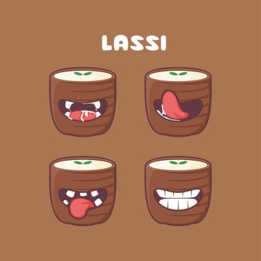 Lassi çizgi film içer. Hindistan ya da Pakistan 'dan taze içeceğin vektör çizimi. Farklı ağız ifadeleriyle. Sevimli çizgi film