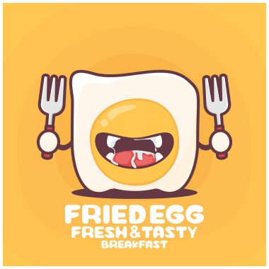 Kızarmış yumurta çizgi filmi. Fast food, kahvaltı ve sağlıklı yiyeceklerin vektör çizimi. Komik bir ağızla.