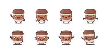 Kahve fincanı çizgi filmi. içki vektör illüstrasyonu. Yüzleri ve ifadeleri farklı. Sevimli çizgi film