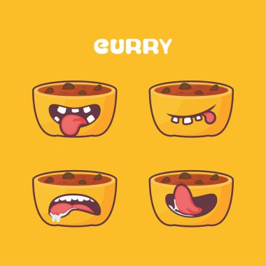 Köri çizgi filmi. Vektör çizimi, çorba tabağı, Asya mutfağı. Farklı ağız ifadeleriyle. Sevimli çizgi film