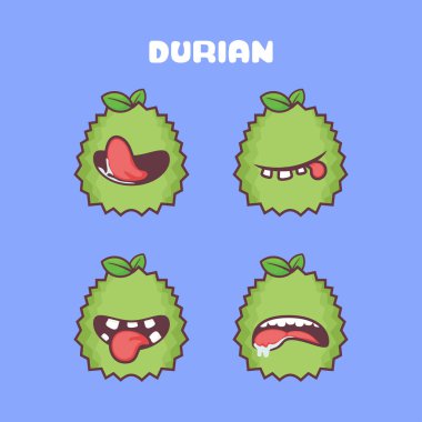 Durian çizgi filmi. Meyvenin vektör illüstrasyonu. Farklı ağız ifadeleriyle. Sevimli çizgi film