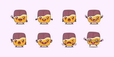 Çikolatalı çizgi film. tatlı yemek vektör illüstrasyonu. Yüzleri ve ifadeleri farklı. Sevimli çizgi film