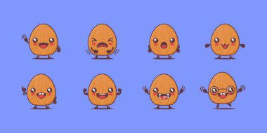 Badem çizgi filmi. fındık vektör çizimi. Yüzleri ve ifadeleri farklı. Sevimli çizgi film