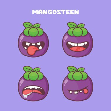 Mangosteen çizgi filmi. meyve vektör illüstrasyonu. Farklı ağız ifadeleriyle. Sevimli çizgi film