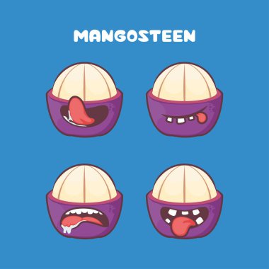 Mangosteen çizgi filmi. meyve vektör illüstrasyonu. Farklı ağız ifadeleriyle. Sevimli çizgi film