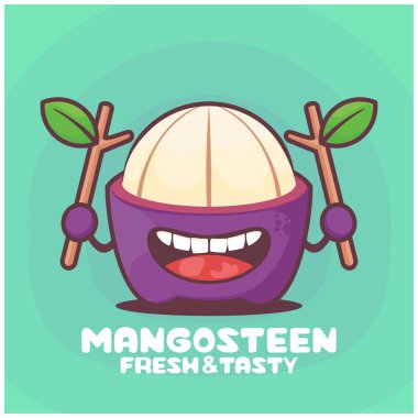 Mangosteen çizgi filmi. meyve vektör illüstrasyonu. Komik bir ifadeyle.