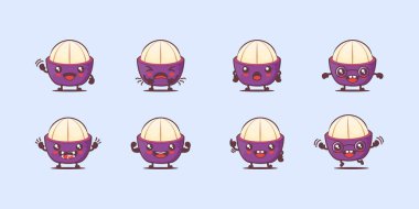 Mangosteen çizgi filmi. meyve vektör illüstrasyonu. Yüzleri ve ifadeleri farklı. Sevimli çizgi film