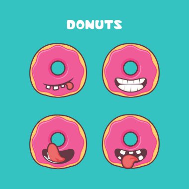 Donut çizgi filmi. Yemek vektör çizimi. Farklı ağız ifadeleriyle. Sevimli çizgi film