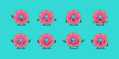 Donut çizgi filmi. Yemek vektör çizimi. Yüzleri ve ifadeleri farklı. Sevimli çizgi film