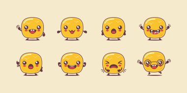 Tereyağı çizgi filmi. Doğal besin vektörü çizimi. Yüzleri ve ifadeleri farklı. Sevimli çizgi film