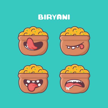 Biryani pirinç çizgi filmi. Hint yemeği vektör illüstrasyonu. Farklı ağız ifadeleriyle. Sevimli çizgi film