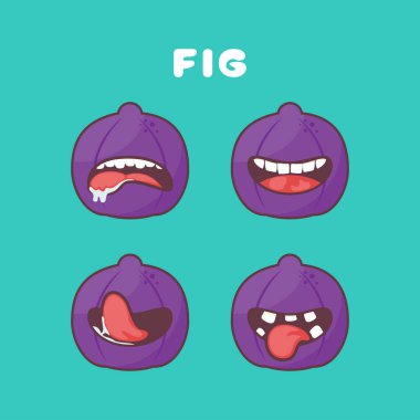 İncirli meyve çizgi filmi. organik meyve vektör illüstrasyonu. Farklı ağız ifadeleriyle. Sevimli çizgi film