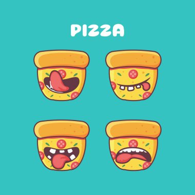 Pizza dilimi çizgi filmi. Fast food vektör çizimi. Farklı ağız ifadeleriyle. Sevimli çizgi film