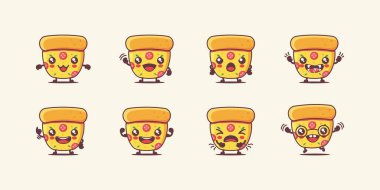 Pizza dilimi çizgi filmi. Fast food vektör çizimi. Yüzleri ve ifadeleri farklı. Sevimli çizgi film